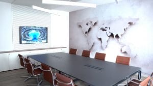 Sala riunioni Plastisac con tavolo attrezzato, monitor e illuminazione integrata