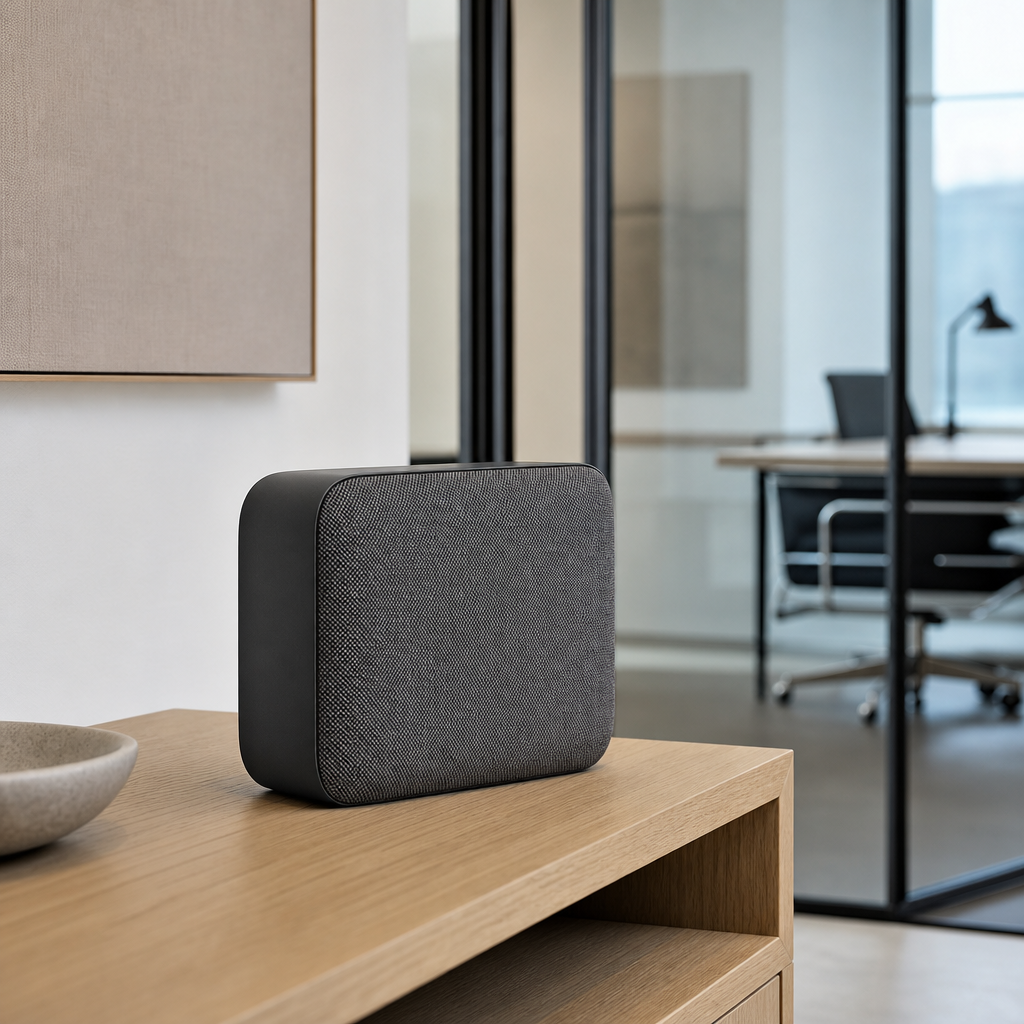 Cassa audio wireless premium su mobile in legno chiaro, in un ufficio elegante