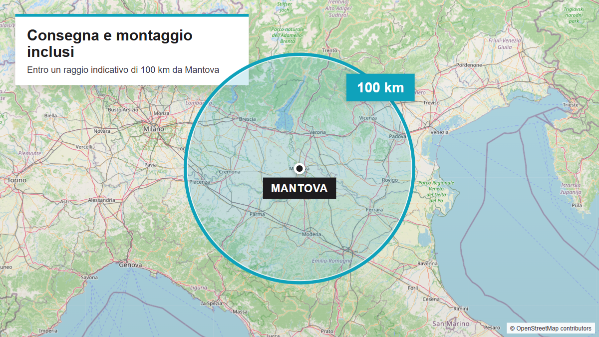La pausa che crea valore: progettare un’area break in ufficio per il benessere e la condivisione 3 Mappa del raggio indicativo di 100 km da Mantova per consegna e montaggio inclusi