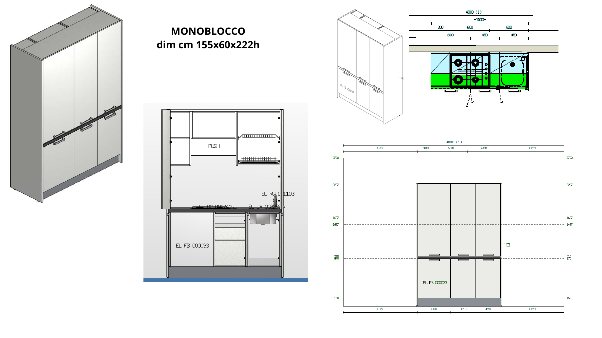 La pausa che crea valore: progettare un’area break in ufficio per il benessere e la condivisione 2 Disegno tecnico del monoblocco cucina da 155 cm, chiuso e aperto